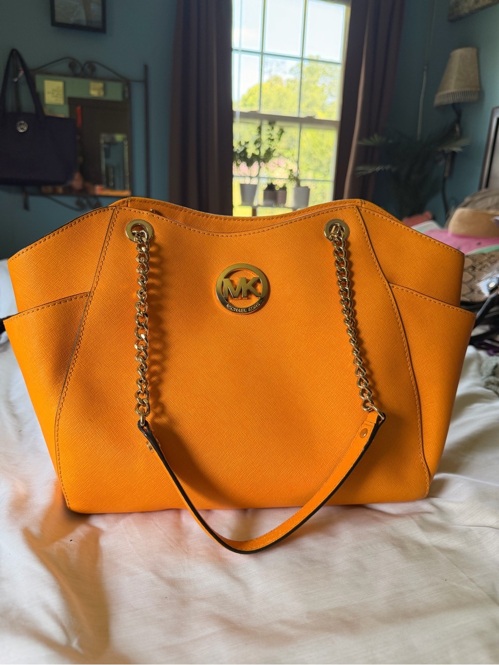 Michael Kors Bright Marigold Orange Saffiano Chain Tote